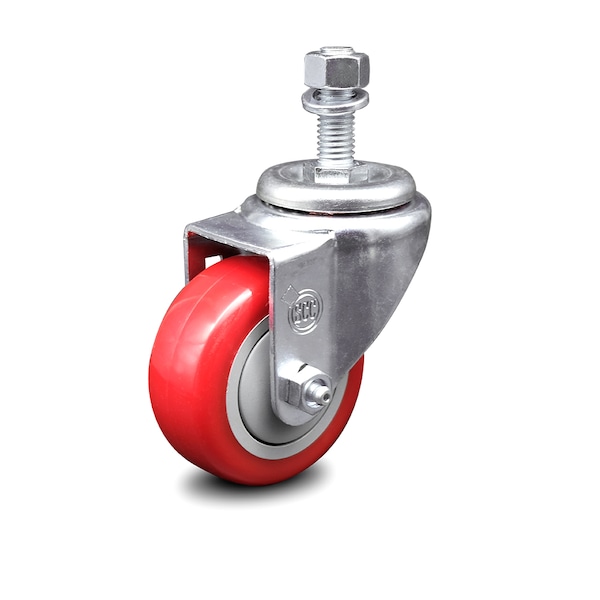 3.5 Inch Red Polyurethane Wheel Swivel 12mm Threaded Stem Caster SCC